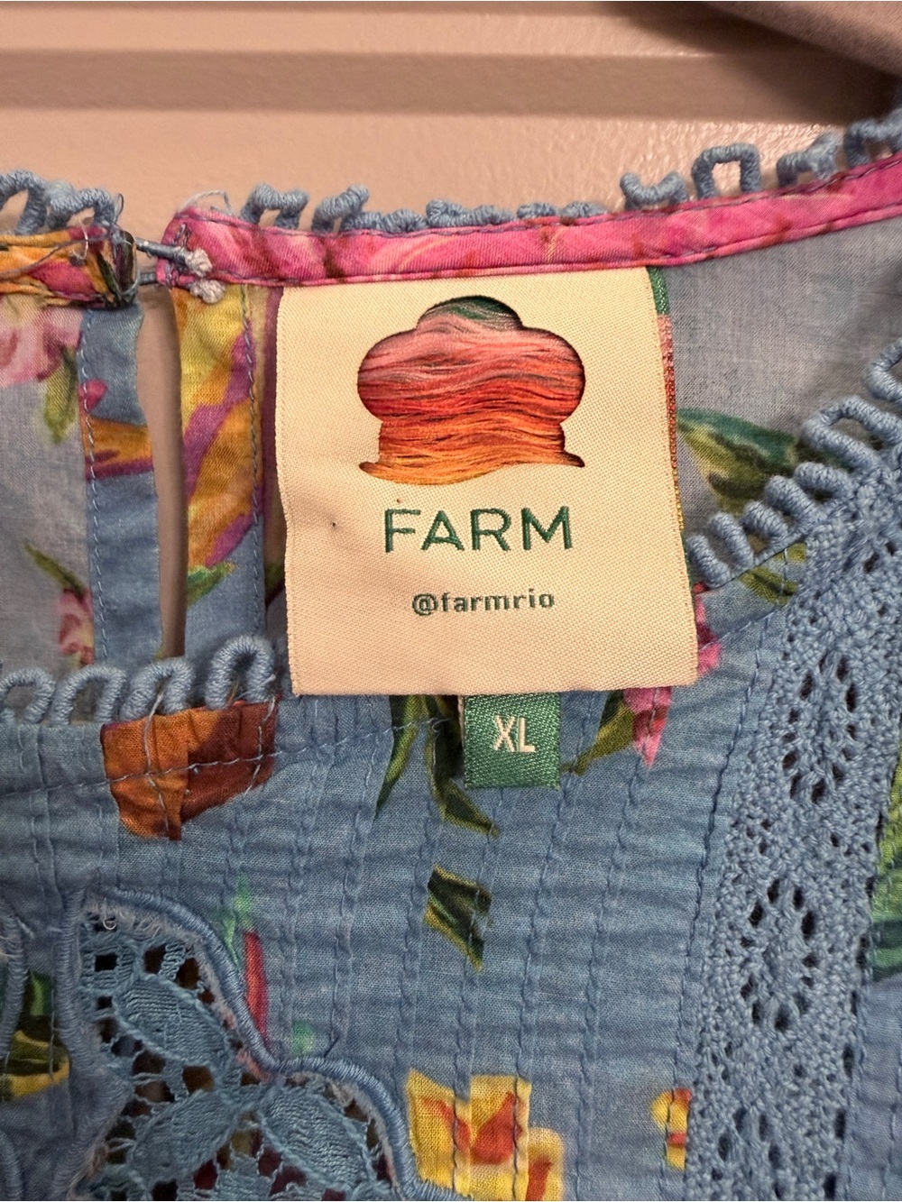 FARM Rio Blue Floral Lace-Trim Puff Sleeve Blouse - Picture 4 of 14